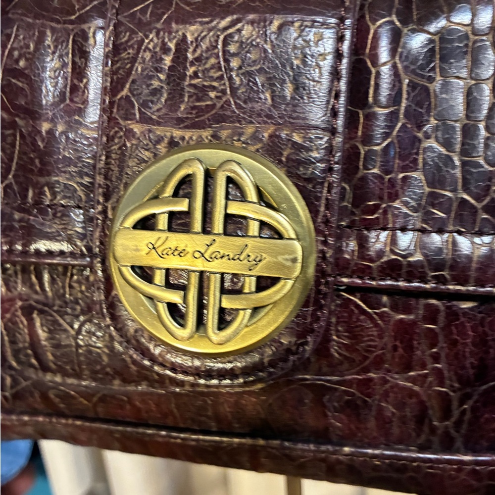 Kate Landry Leather Croc-Embossed Shoulder Bag  Burgundy Brass Teal interior - Picture 5 of 17